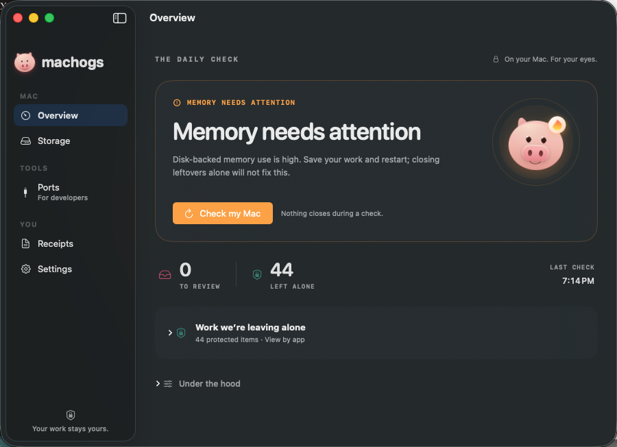 Machogs 1.3.0 running on a Mac: memory needs attention, zero items to review, and 44 protected items left alone